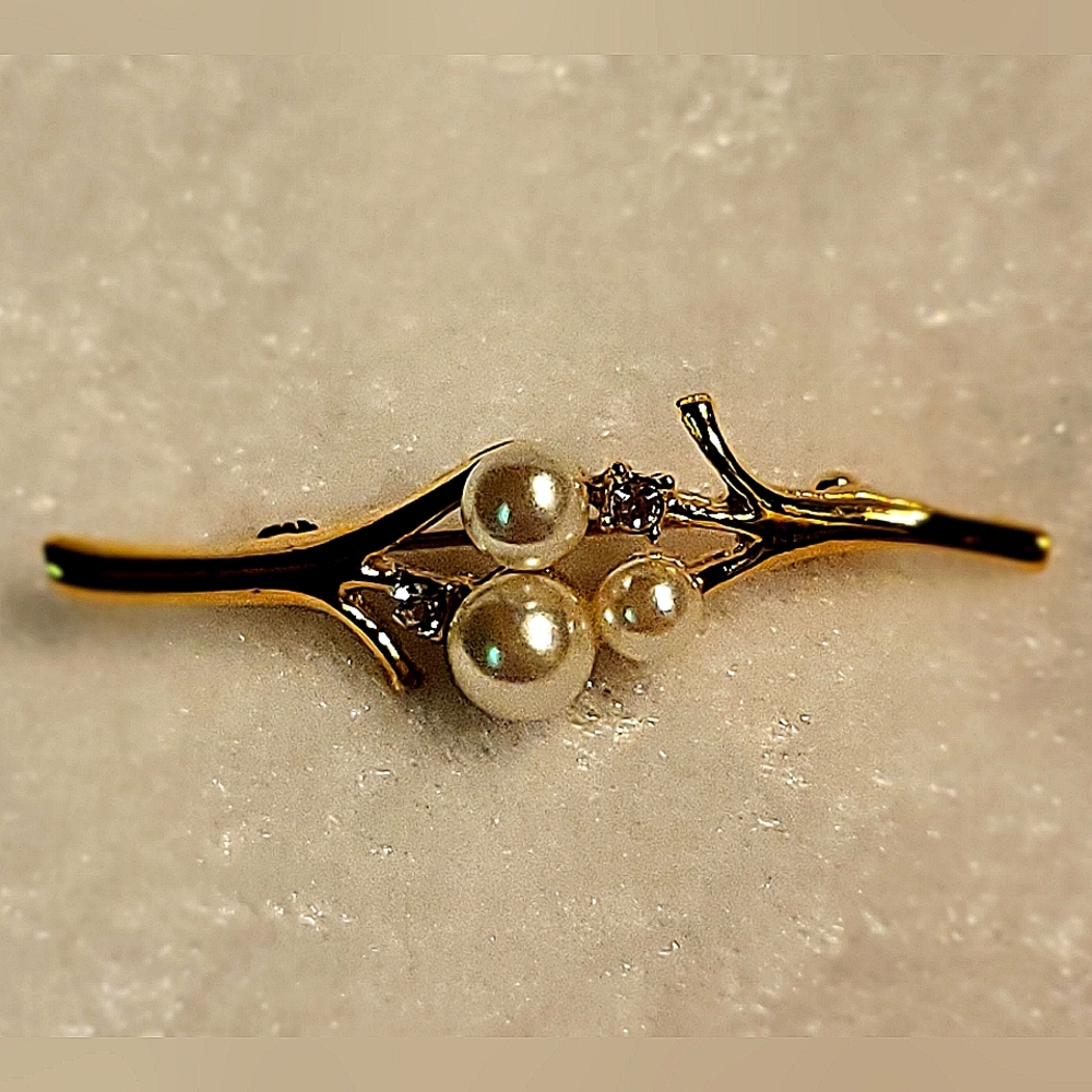 Faux Pearl & Rhinestone 1980's Twig Brooch | Vintage Bar Petite Brooch